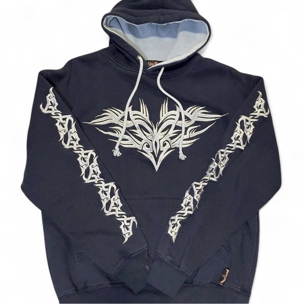 Vintage Y2K Sapphire Lounge Tribal Embroidered Navy Blue Grunge Hoodie